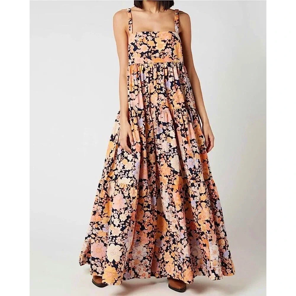 Free People Park Slope Floral Cotton Maxi Dress Navy Combo M Summer Vacation